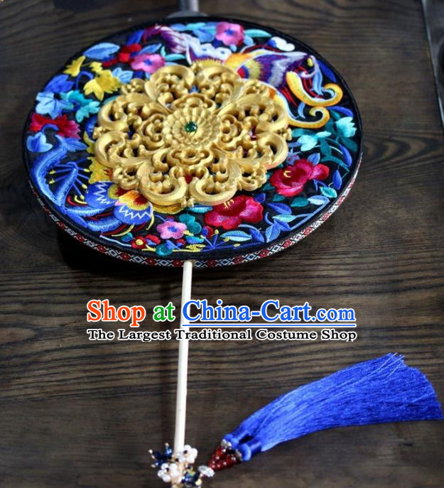 Chinese Handmade Classical Carving Palace Fans Wedding Bride Accessories Blue Round Fan for Women