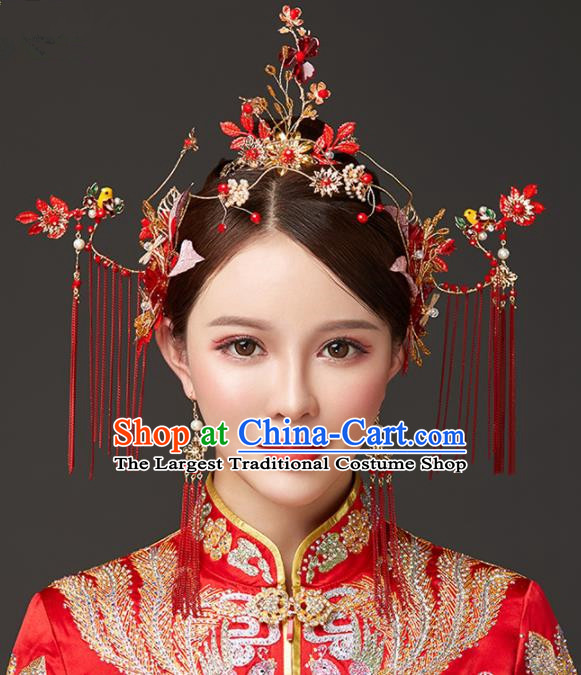 Chinese Traditional Palace Red Flowers Phoenix Coronet Hairpins Ancient Wedding Tassel Hair Accessories for Women