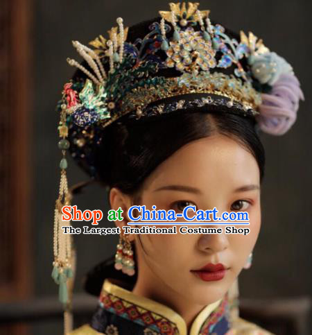 Chinese Ancient Qing Dynasty Queen Phoenix Coronet Hairpins Traditional Palace Hair Accessories Headdress for Women