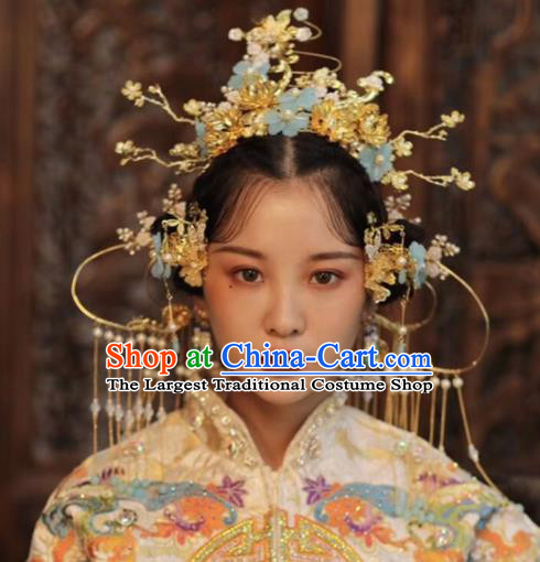 Chinese Ancient Bride Hairpins Blue Flowers Phoenix Coronet Traditional Hair Accessories Headdress for Women