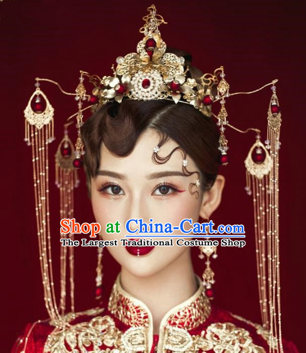 Chinese Ancient Bride Hairpins Tassel Phoenix Coronet Traditional Hair Accessories Headdress for Women