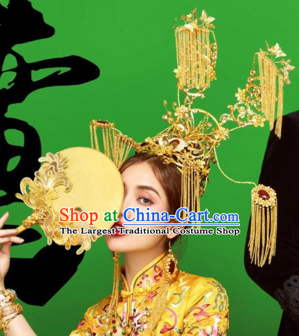 Top Grade Chinese Ancient Bride Golden Tassel Jade Phoenix Coronet Traditional Hair Accessories Headdress for Women