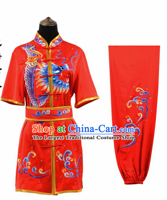 Chinese Traditional Tang Suit Embroidered Dragon Red Costume Martial Arts Tai Ji Competition Clothing for Men