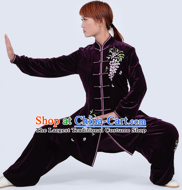 Chinese Traditional Kung Fu Embroidered Purple Pleuche Costume Martial Arts Tai Ji Competition Clothing for Women