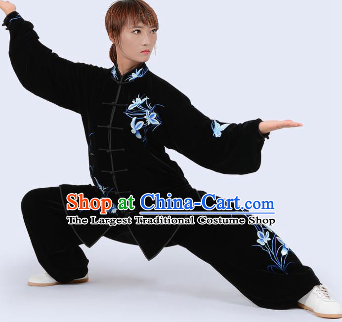 Chinese Traditional Kung Fu Velvet Costume Martial Arts Tai Ji Competition Printing Blue Orchid Clothing for Women