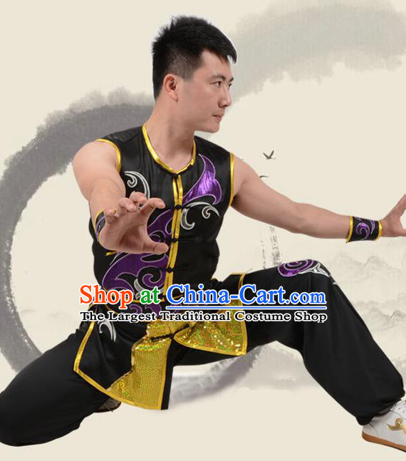 Chinese Traditional Tang Suit Embroidered Black Costume Martial Arts Tai Ji Competition Clothing for Men