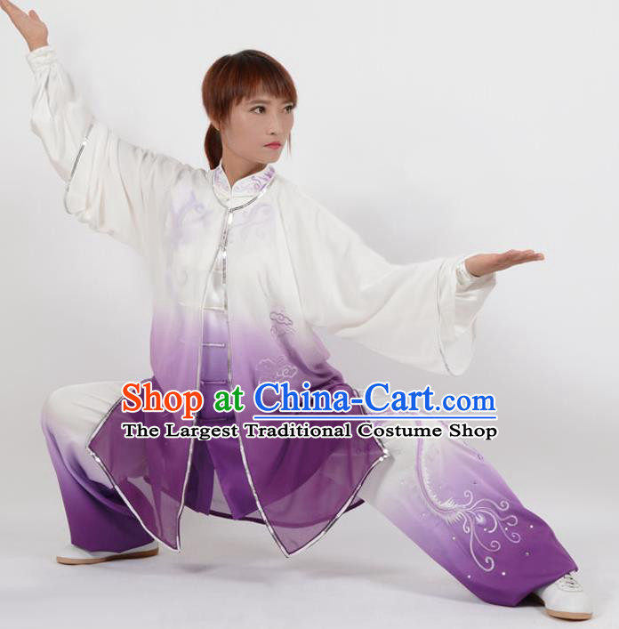 Chinese Traditional Kung Fu Embroidered Phoenix Purple Costume Martial Arts Tai Ji Competition Clothing for Women