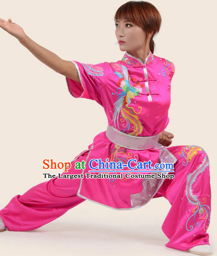 Chinese Traditional Kung Fu Embroidered Phoenix Rosy Costume Martial Arts Competition Clothing for Women