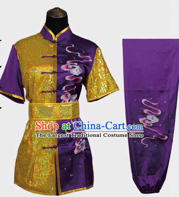 Chinese Traditional Kung Fu Embroidered Clouds Purple Costume Martial Arts Tai Ji Competition Clothing for Men