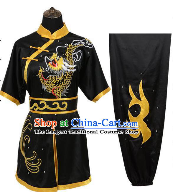 Chinese Traditional Kung Fu Embroidered Dragon Black Costume Martial Arts Tai Ji Competition Clothing for Men