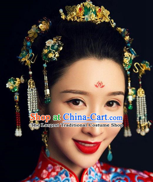 Handmade Chinese Ancient Bride Green Glass Hair Combs Traditional Hair Accessories Headdress for Women