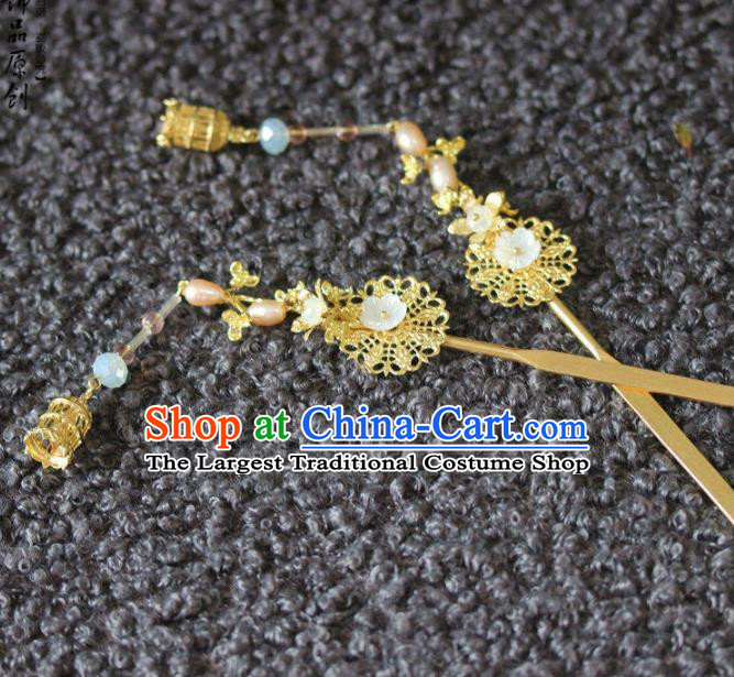 Handmade Chinese Ancient Pearls Golden Hairpins Traditional Hair Accessories Headdress for Women