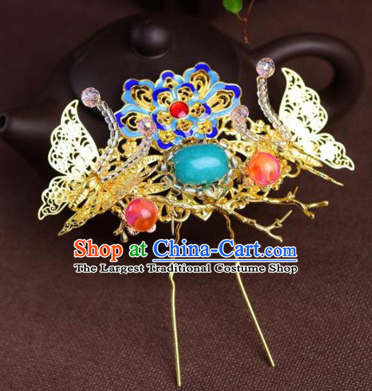 Handmade Chinese Ancient Princess Blueing Lotus Butterfly Hair Clips Hairpins Traditional Hair Accessories Headdress for Women