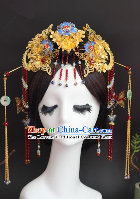 Handmade Chinese Ancient Princess Hairpins Blueing Phoenix Coronet Traditional Hair Accessories Headdress for Women