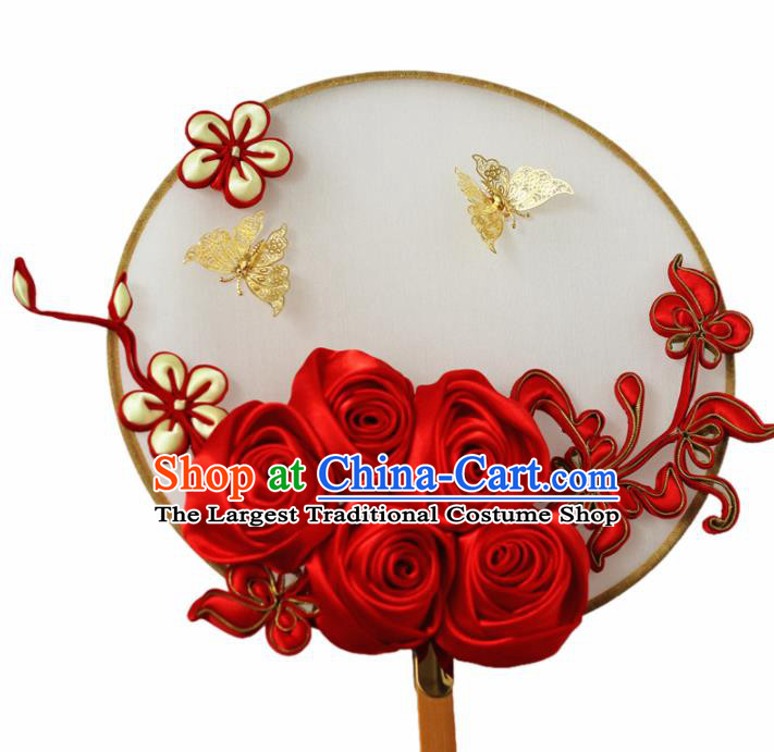 Chinese Handmade Bride Classical Red Roses Palace Fans Wedding Accessories Round Fan for Women