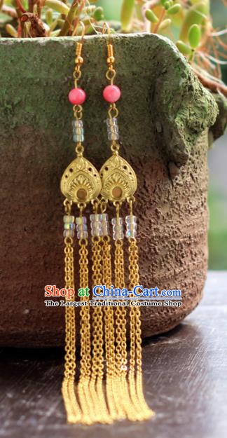 Chinese Handmade Hanfu Golden Long Tassel Earrings Traditional Ancient Palace Ear Accessories for Women