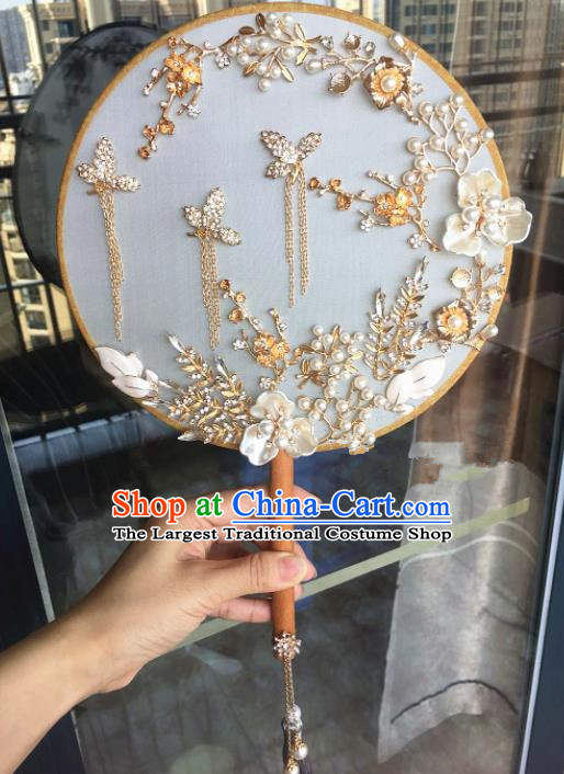 Chinese Handmade Bride Pearls Palace Fans Wedding Accessories Classical Round Fan for Women