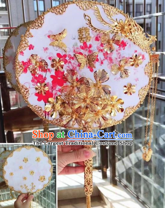 Chinese Handmade Bride Golden Flowers Palace Fans Wedding Accessories Classical Round Fan for Women