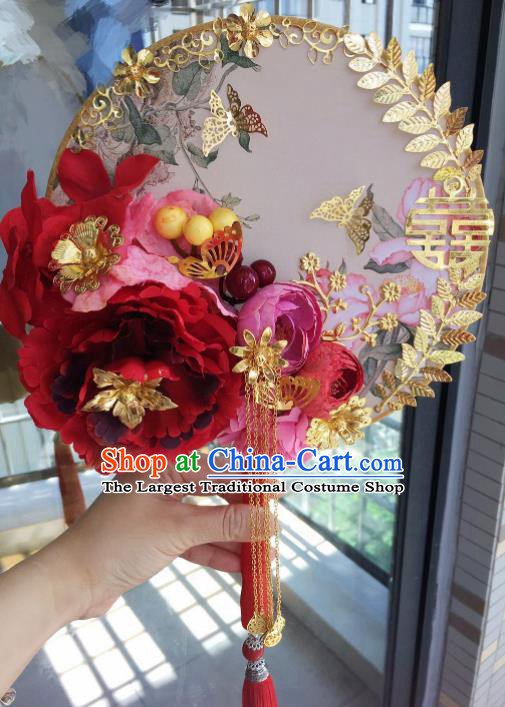 Chinese Handmade Bride Red Peony Palace Fans Wedding Accessories Classical Round Fan for Women