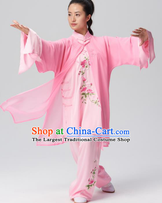 Chinese Traditional Tai Chi Group Embroidered Pink Silk Costume Martial Arts Kung Fu Competition Clothing for Women