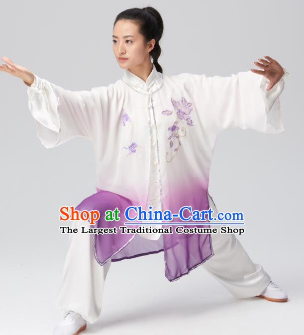 Chinese Traditional Tai Chi Group Embroidered Purple Silk Costume Martial Arts Kung Fu Competition Clothing for Women