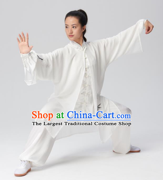 Chinese Traditional Tai Chi Group Embroidered White Silk Costume Martial Arts Kung Fu Competition Clothing for Women