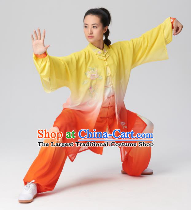 Chinese Traditional Tai Chi Group Embroidered Orange Silk Costume Martial Arts Kung Fu Competition Clothing for Women