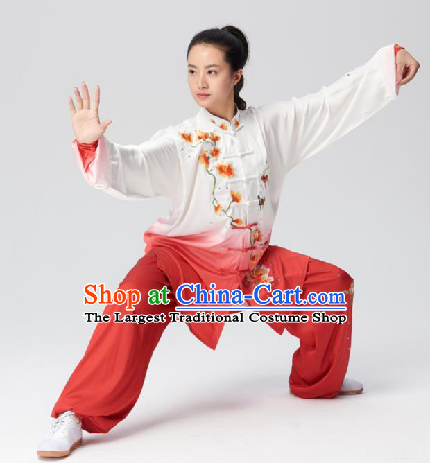 Chinese Traditional Tai Chi Group Embroidered Mangnolia Red Costume Martial Arts Kung Fu Competition Clothing for Women