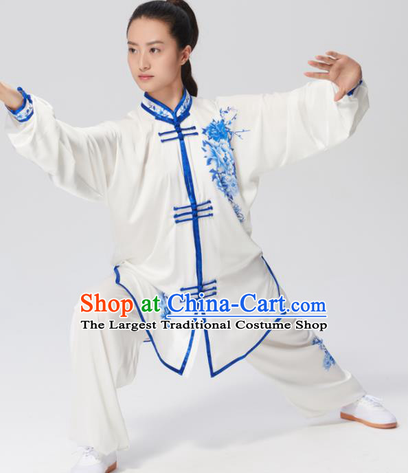 Chinese Traditional Tai Chi Group Printing Blue Peony Costume Martial Arts Kung Fu Competition Clothing for Women