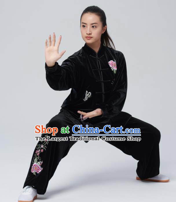 Chinese Traditional Tai Chi Group Black Velvet Costume Martial Arts Kung Fu Competition Embroidered Peony Clothing for Women