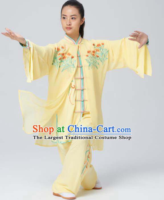 Chinese Traditional Tai Chi Group Yellow Costume Martial Arts Kung Fu Competition Embroidered Clothing for Women