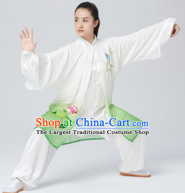 Chinese Traditional Tai Chi Group Green Silk Costume Martial Arts Kung Fu Competition Embroidered Lotus Clothing for Women