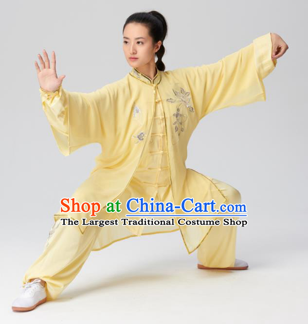 Chinese Traditional Tai Chi Group Embroidered Yellow Costume Martial Arts Kung Fu Competition Silk Clothing for Women