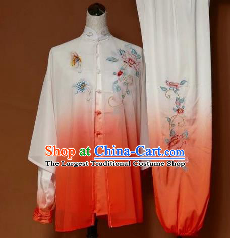 Chinese Traditional Martial Arts Kung Fu Competition Costume Tai Chi Group Embroidered Peony Orange Clothing for Women