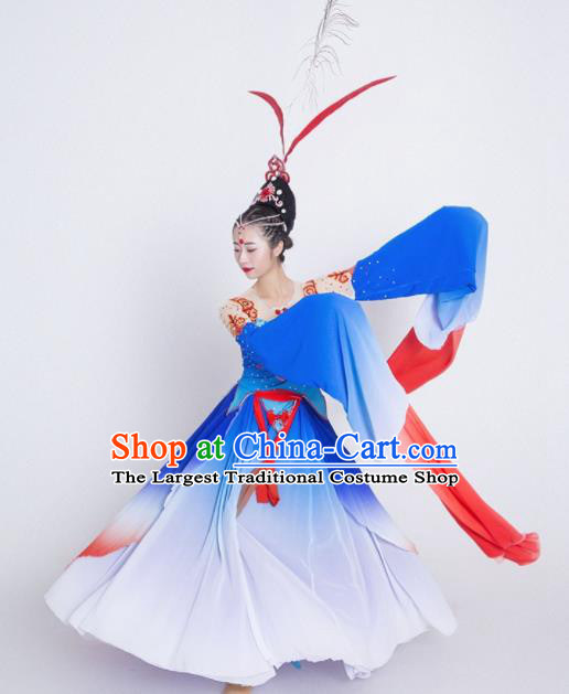 Chinese Traditional Classical Dance Costume Palace Peri Dance Water Sleeve Blue Dress for Women