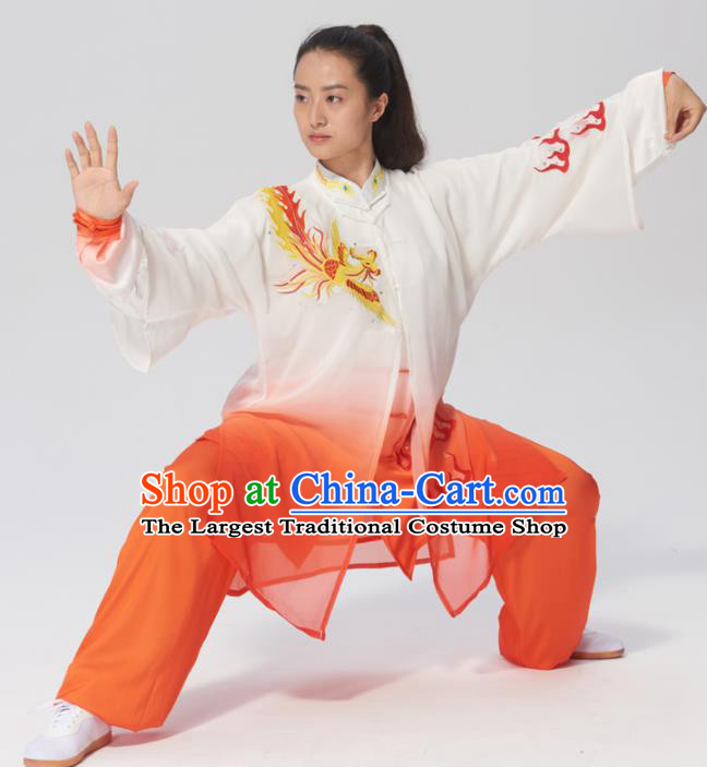 Chinese Traditional Tai Chi Group Embroidered Phoenix Orange Costume Martial Arts Kung Fu Competition Clothing for Women