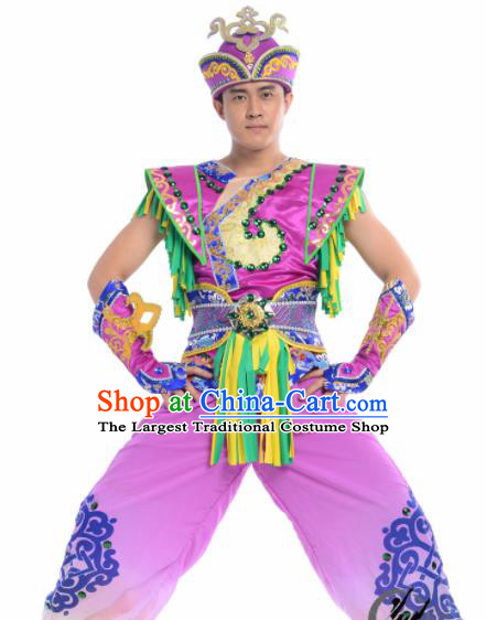 Chinese Traditional Mongol Nationality Costume Mongolian Ethnic Dance Embroidery Purple Clothing for Men