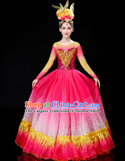 Chinese Traditional Spring Festival Gala Opening Dance Rosy Dress Peony Dance Stage Performance Costume for Women