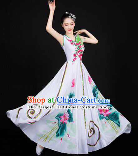 Chinese Traditional Classical Dance Printing Lotus Dress Umbrella Dance Stage Performance Costume for Women