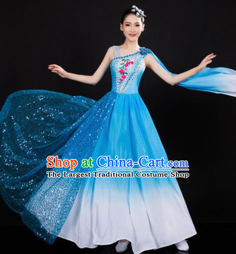 Chinese Traditional Spring Festival Gala Opening Dance Blue Dress Peony Dance Stage Performance Costume for Women