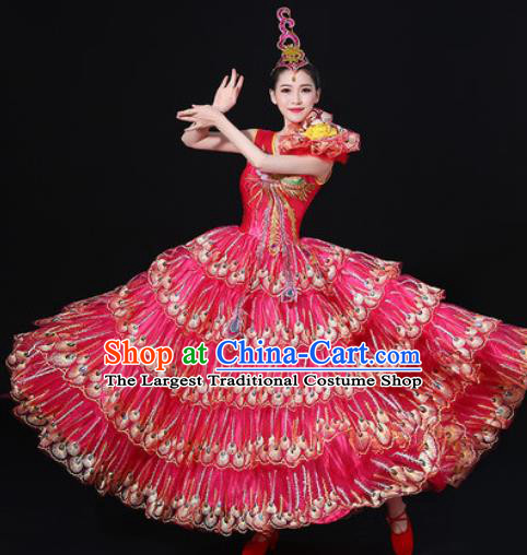 Chinese Traditional Modern Dance Rosy Dress Spring Festival Gala Opening Dance Stage Performance Costume for Women