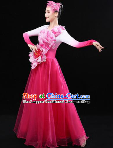 Chinese Traditional Chorus Modern Dance Pink Dress Opening Peony Dance Stage Performance Costume for Women