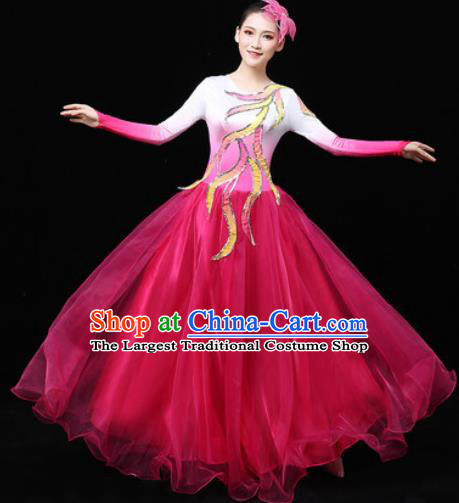 Chinese Traditional Chorus Modern Dance Rosy Veil Dress Opening Peony Dance Stage Performance Costume for Women