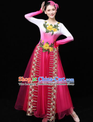 Chinese Traditional Chorus Rosy Veil Dress Opening Dance Modern Dance Stage Performance Costume for Women