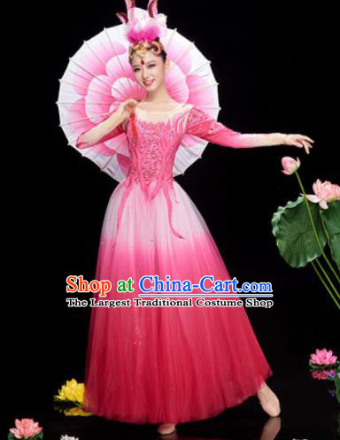 Chinese Traditional Opening Dance Rosy Veil Dress Modern Dance Chorus Stage Performance Costume for Women