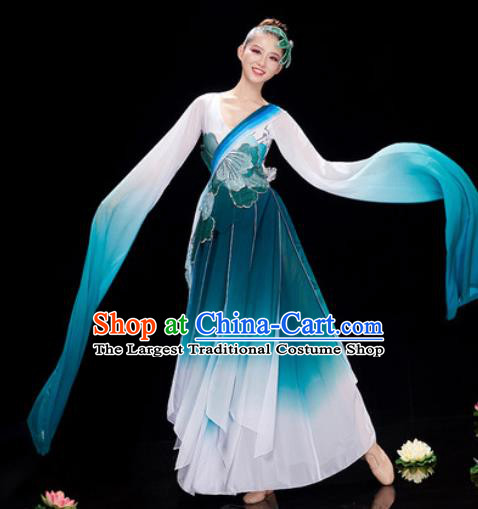 Chinese Traditional Umbrella Dance Peacock Blue Dress Classical Dance Stage Performance Costume for Women