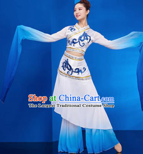 Chinese Traditional Umbrella Dance White Dress Classical Jasmine Flower Dance Stage Performance Costume for Women