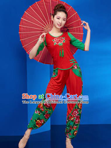 Traditional Chinese Folk Dance Stage Show Clothing Group Yangko Dance Red Costume for Women