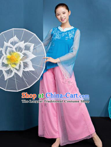 Traditional Chinese Folk Dance Stage Show Clothing Group Fan Dance Blue Costume for Women