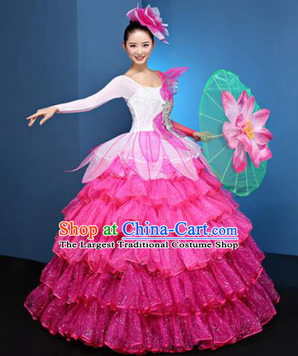 Chinese Traditional Opening Dance Rosy Veil Bubble Dress Modern Dance Chorus Stage Performance Costume for Women